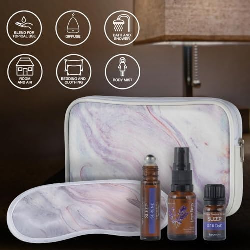 SpaRoom Serene Essential Oil Travel Kit with Eye Mask and Bag; Linen Spray, Essential Oil and Topical Roll-on, Pink Marble - Image 3