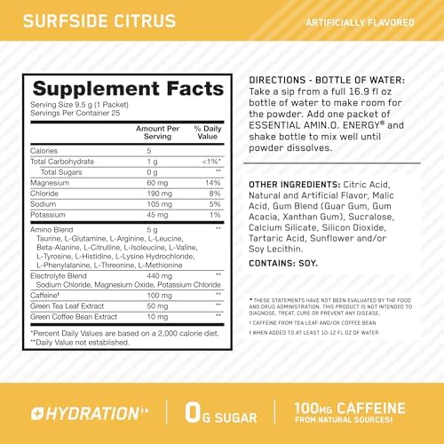 Optimum Nutrition Amino Energy Plus Hydration Packets, On-The-Go Caffiene Stick Packs, Surfside Citrus, 25 Count - Image 3