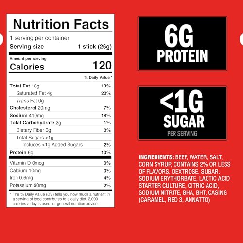 Jack Link's Beef Sticks, Original - Protein Snack, Meat Stick with 6g of Protein, Meat Snack Sticks Made with 100% Beef, Keto Friendly, Individually Wrapped - 0.92 Oz. (20 Count) - Image 2