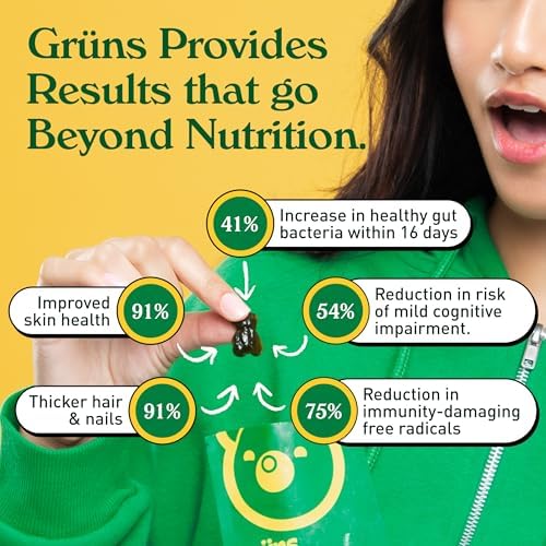 Gruns Adults Super Greens Gummies, Multivitamin Superfood Gummy Bears with Spirulina, Chlorella, Prebiotics & Fiber for Digestive Health, Adaptogens Supplement with 20 Vitamins & Minerals, 28 Count - Image 4