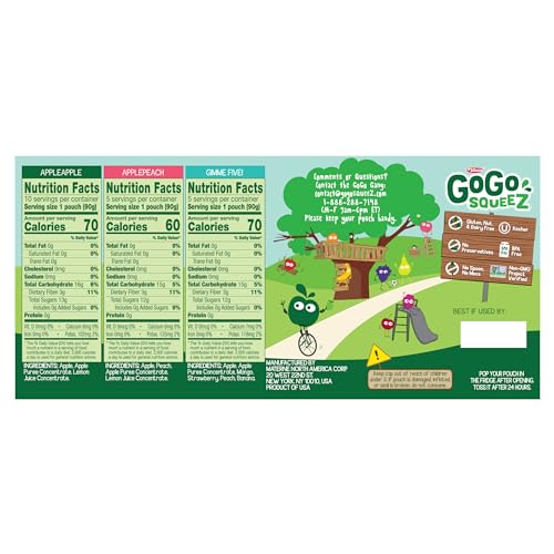 GoGo squeeZ Applesauce and Fruit Puree Variety Pack, Apple, Peach & Gimme Five!, 3.2 oz (Pack of 20), Unsweetened Fruit Snacks for Kids, Gluten Free, Nut Free and Dairy Free, BPA Free Pouches - Image 2