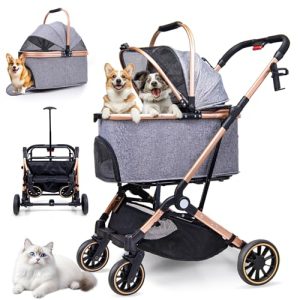 Foldable Medium Dog Stroller - 3 in 1 Pet Stroller with Detachable Storage Basket 4 All-Terrain Rubber Wheels Pull Rod Durable Travel Carrier for Max 33 lbs Medium Dogs 2 Small Cats (Grey)