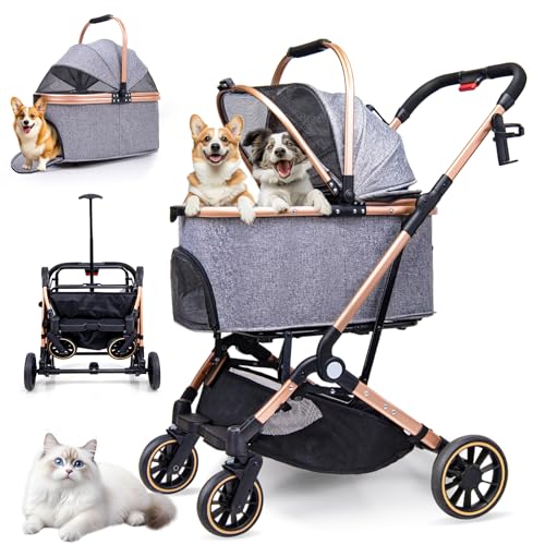 Foldable Medium Dog Stroller - 3 in 1 Pet Stroller with Detachable Storage Basket 4 All-Terrain Rubber Wheels Pull Rod Durable Travel Carrier for Max 33 lbs Medium Dogs 2 Small Cats (Grey)