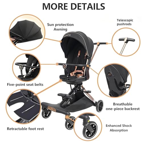 Lightweight Folding Stroller Wagon for Baby & Toddler Travel, 360° Reversible Seat, Adjustable Canopy with Storage Basket, Airplane-Friendly Compact Umbrella Stroller,Glory Black - Image 6