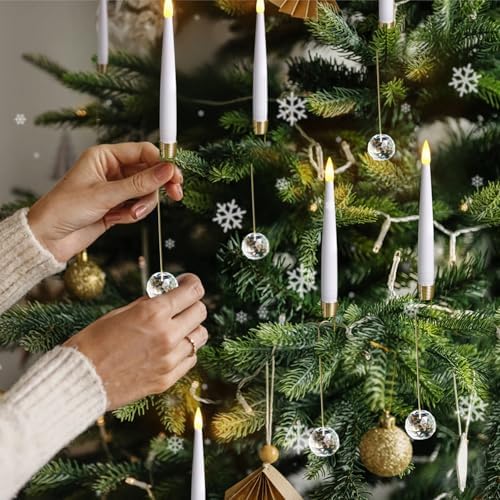 Pack of 12 Flickering Remote 0.5" x6" LED Short Taper Candles with 12 Crystal Ball Hooks, Battery Operated Timer Window White Plastic Flameless Warm Light Candlesticks for Holiday Decor - Image 5