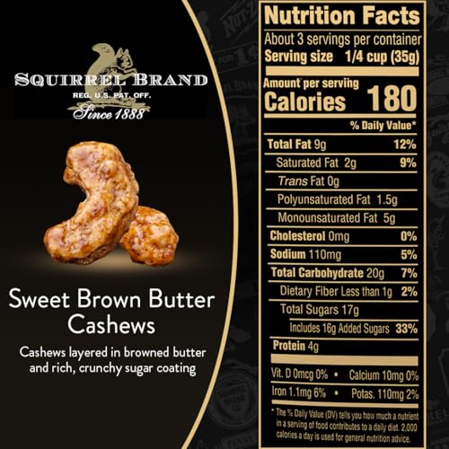 Squirrel Brand Sweet Brown Butter Cashews, 3.5 Ounces Resealable Bag, Gluten Free, Vegetarian - Image 2