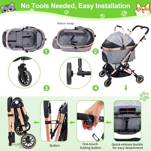Foldable Medium Dog Stroller - 3 in 1 Pet Stroller with Detachable Storage Basket 4 All-Terrain Rubber Wheels Pull Rod Durable Travel Carrier for Max 33 lbs Medium Dogs 2 Small Cats (Grey) - Image 7
