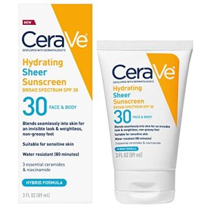 CeraVe Hydrating Sheer Sunscreen with SPF 30 for Face and Body, Mineral & Chemical Sunscreen for Men & Women with Zinc Oxide, Hyaluronic Acid and Ceramides, Paraben-Free + Fragrance-Free, 3 Ounces
