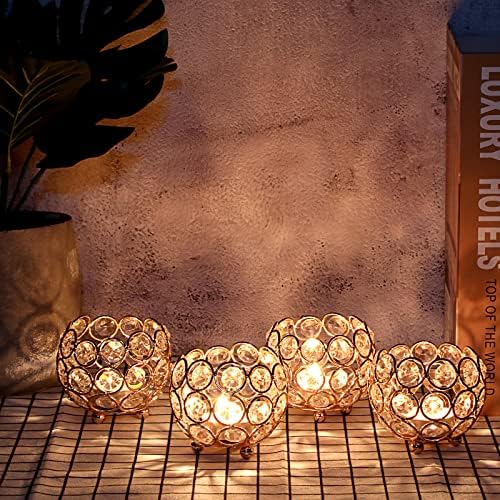 OwnMy Set of 4 Crystal Bowl Tealight Holders Small Round Votive Candle Holders, Gold Crystal Tea Light Candle Lanterns Candle Stands Flower Vases Candle Centerpiece for Dining Table Wedding Decor - Image 2