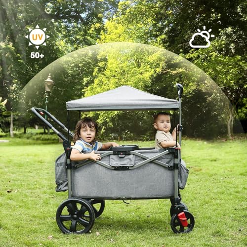 EVER ADVANCED Foldable Wagons for Two Kids & Cargo, Collapsible Folding Stroller with Adjustable Handle Bar,Removable Canopy with 5-Point Harness Gray - Image 2