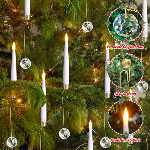 Pack of 12 Flickering Remote 0.5" x6" LED Short Taper Candles with 12 Crystal Ball Hooks, Battery Operated Timer Window White Plastic Flameless Warm Light Candlesticks for Holiday Decor - Image 3