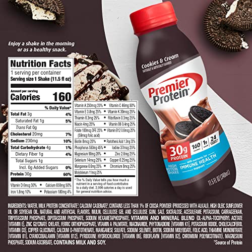 Premier Protein Shake, Cookies & Cream, 30g Protein, 1g Sugar, 24 Vitamins & Minerals, Nutrients to Support Immune Health 11.5 fl oz (12 Pack) - Image 2