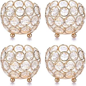 OwnMy Set of 4 Crystal Bowl Tealight Holders Small Round Votive Candle Holders, Gold Crystal Tea Light Candle Lanterns Candle Stands Flower Vases Candle Centerpiece for Dining Table Wedding Decor