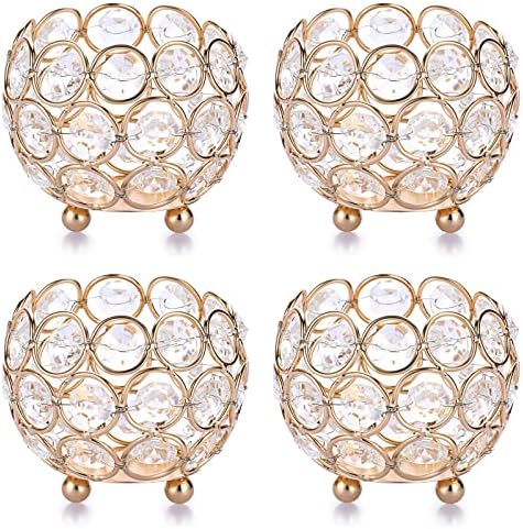 OwnMy Set of 4 Crystal Bowl Tealight Holders Small Round Votive Candle Holders, Gold Crystal Tea Light Candle Lanterns Candle Stands Flower Vases Candle Centerpiece for Dining Table Wedding Decor